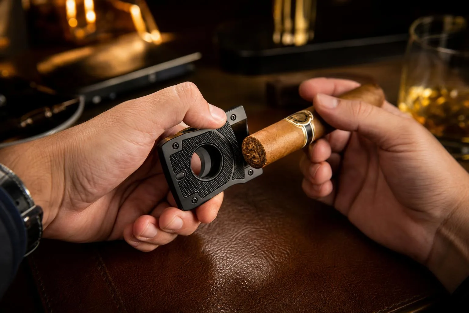 The Colibri Cut Cigar Cutter shown in everyday use at home, as tested by FlightWineBar