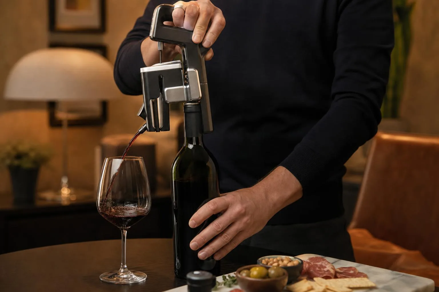 The Coravin Model Two Wine Preservation System shown in everyday use at home, as tested by FlightWineBar