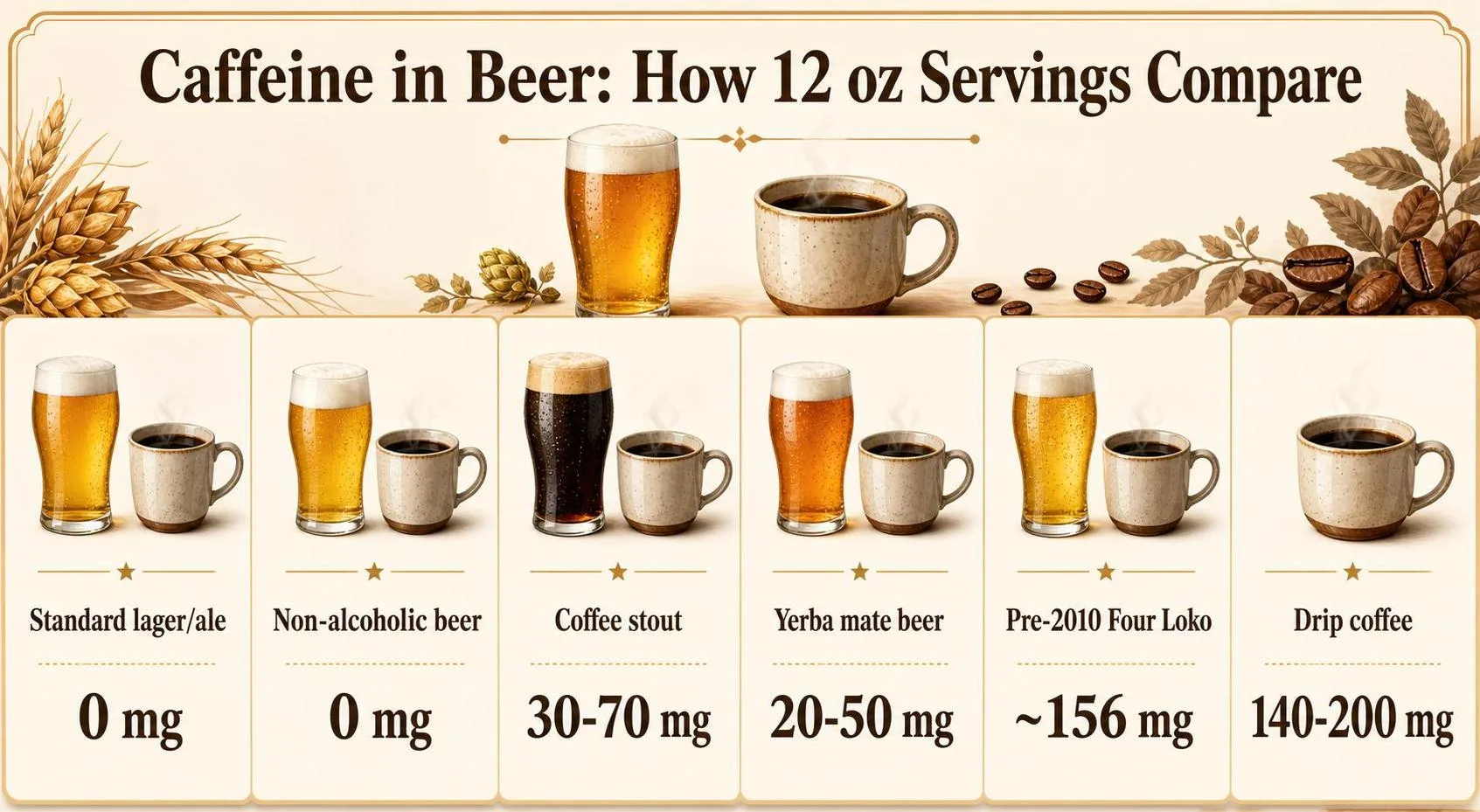 Does Beer Have Caffeine? Basic Information You Must Know 1 Caffeine in Beer: How 12 oz Servings Compare — key facts at a glance