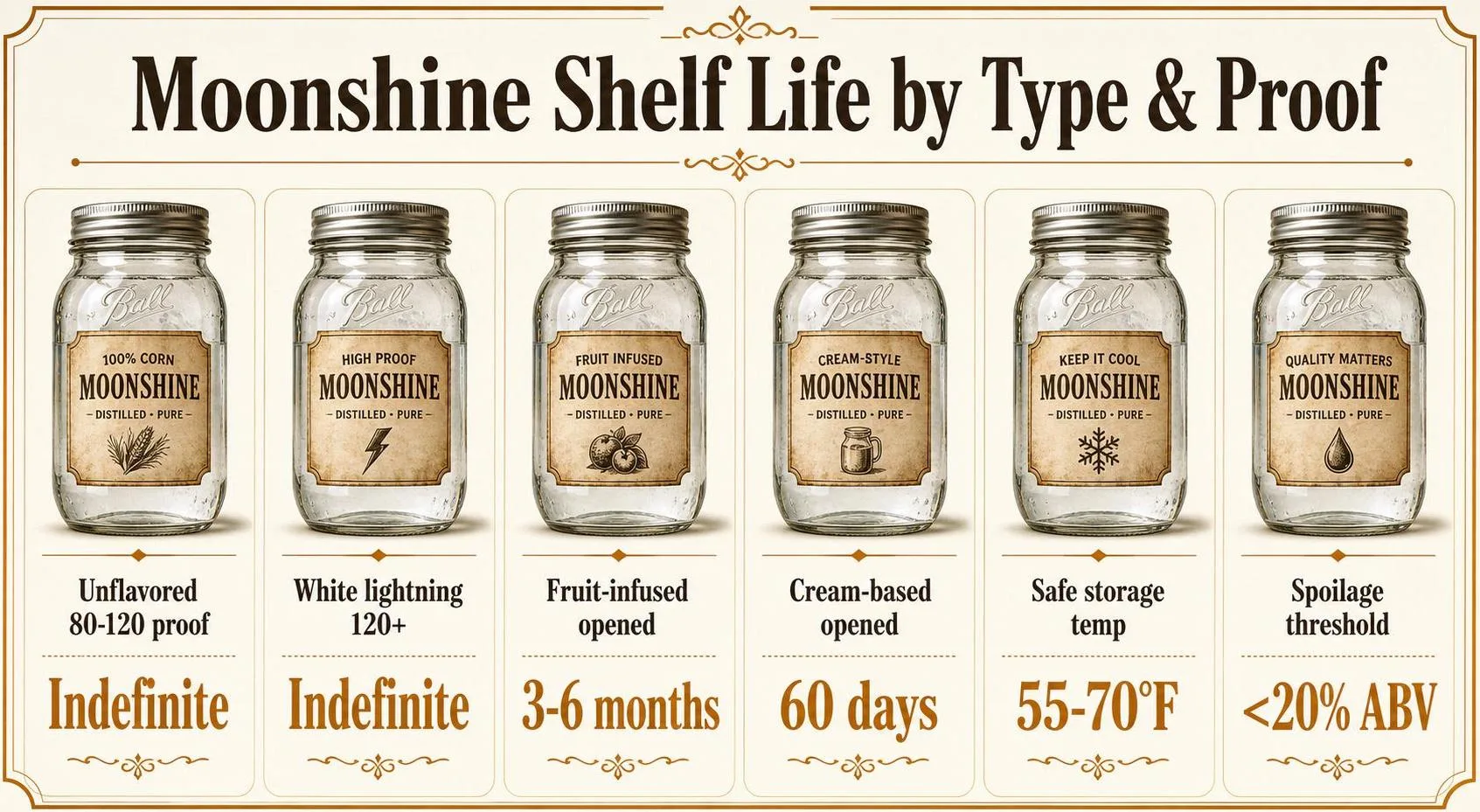 Moonshine Shelf Life by Type & Proof — key facts at a glance