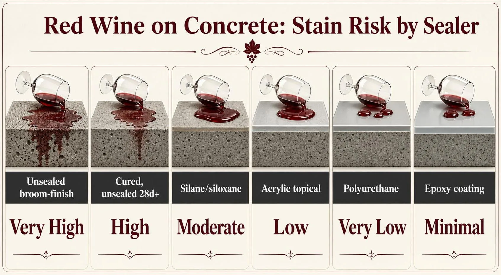 Red Wine on Concrete: Stain Risk by Sealer — key facts at a glance