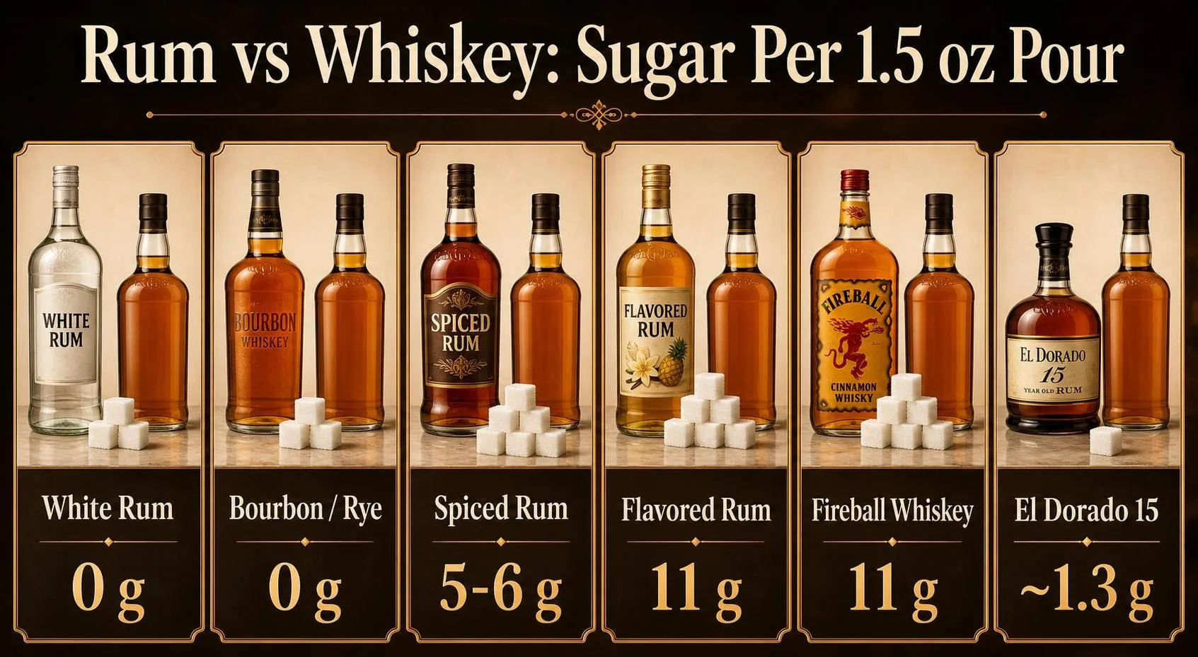 Does Rum Have More Sugar Than Whiskey? 1 Rum vs Whiskey: Sugar Per 1.5 oz Pour — key facts at a glance