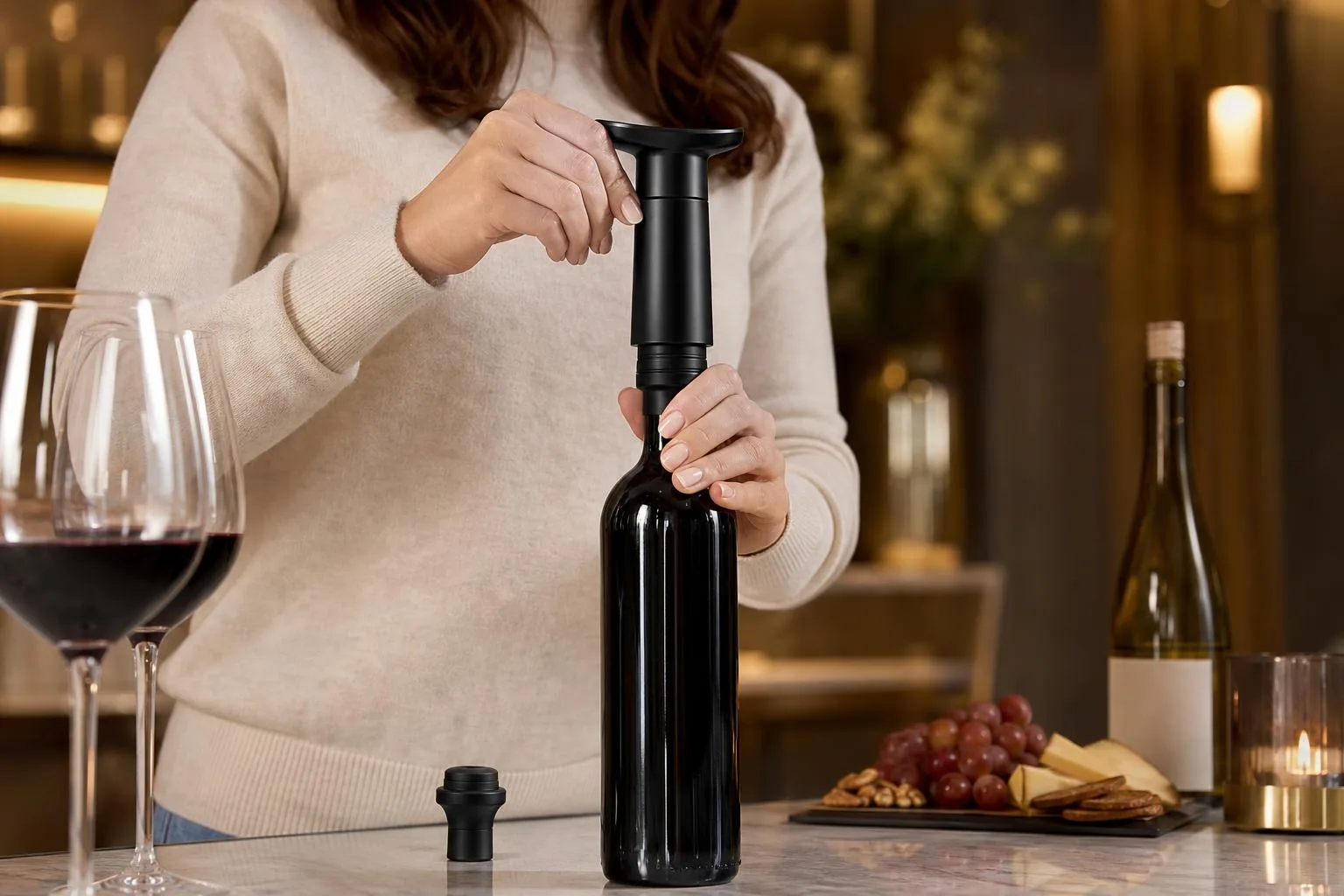 EZBASICS Wine Saver Vacuum Pump Review 2026 3 The EZBASICS Wine Saver Vacuum Pump shown in everyday use at home, as tested by FlightWineBar