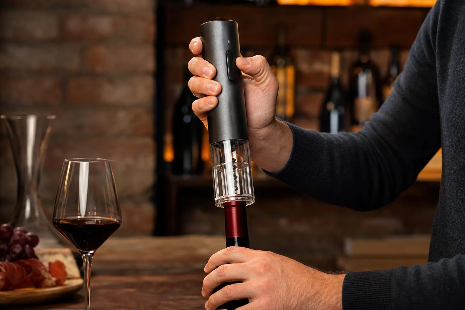 The Flauno Electric Wine Opener shown in everyday use at home, as tested by FlightWineBar