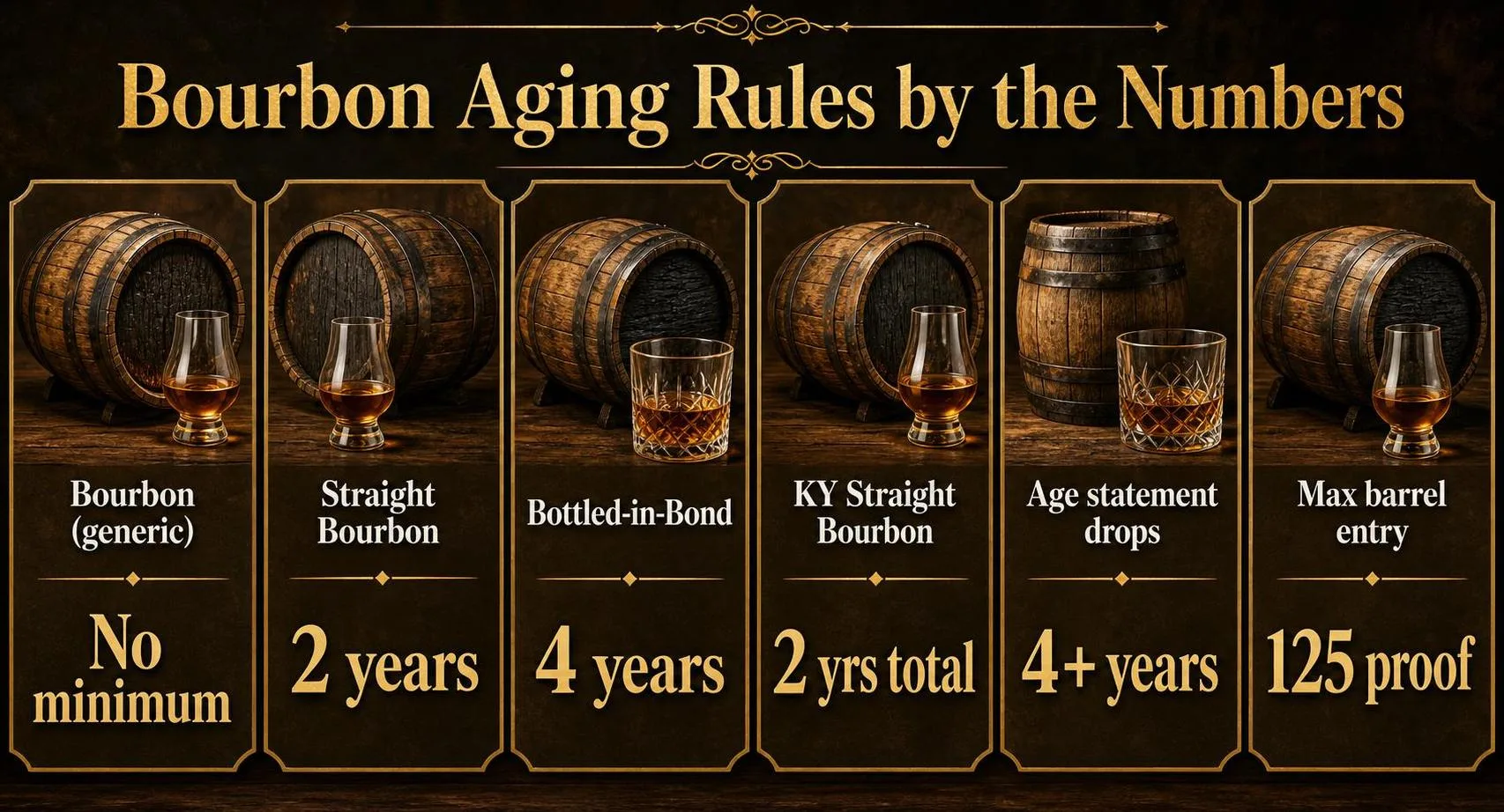 How Long Does Bourbon Have To Be Aged? 1 Bourbon Aging Rules by the Numbers — key facts at a glance