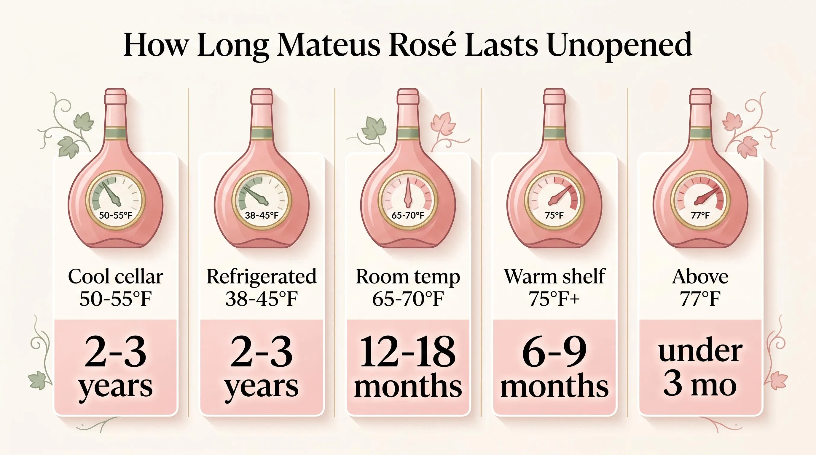 How Long Does Mateus Rose Wine Last Unopened? 1 How Long Mateus Rosé Lasts Unopened — key facts at a glance