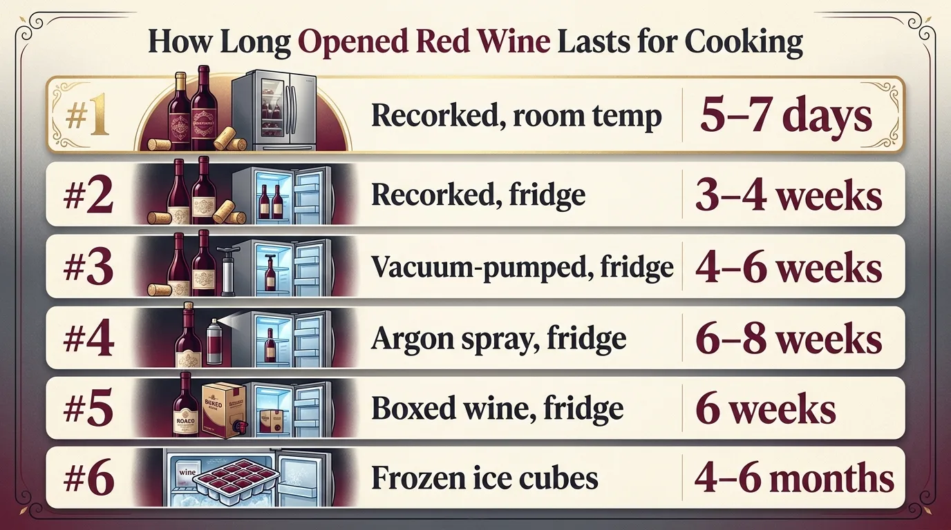 How Long Opened Red Wine Lasts for Cooking — key facts at a glance