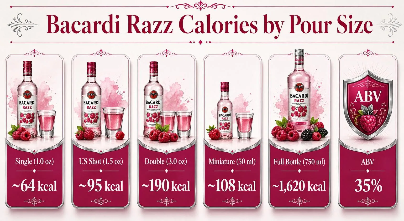 How Many Calories Are In Bacardi Razz Rum? 1 Bacardi Razz Calories by Pour Size — key facts at a glance
