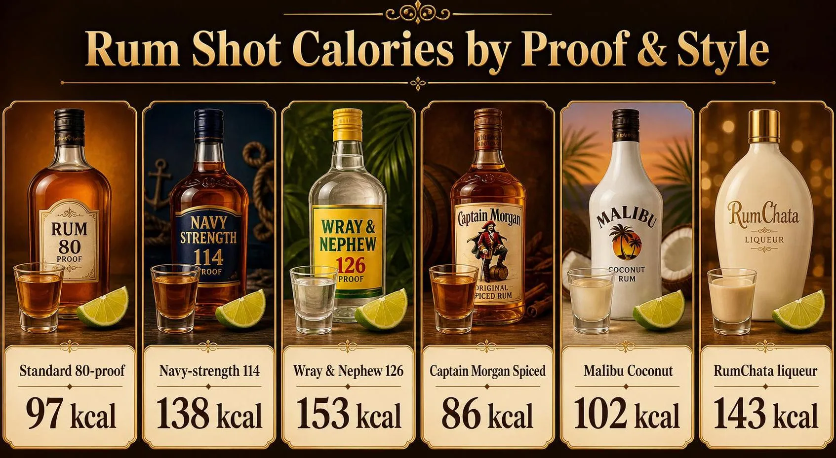 How Many Calories In 1 Shot Of Rum? 1 Rum Shot Calories by Proof & Style — key facts at a glance