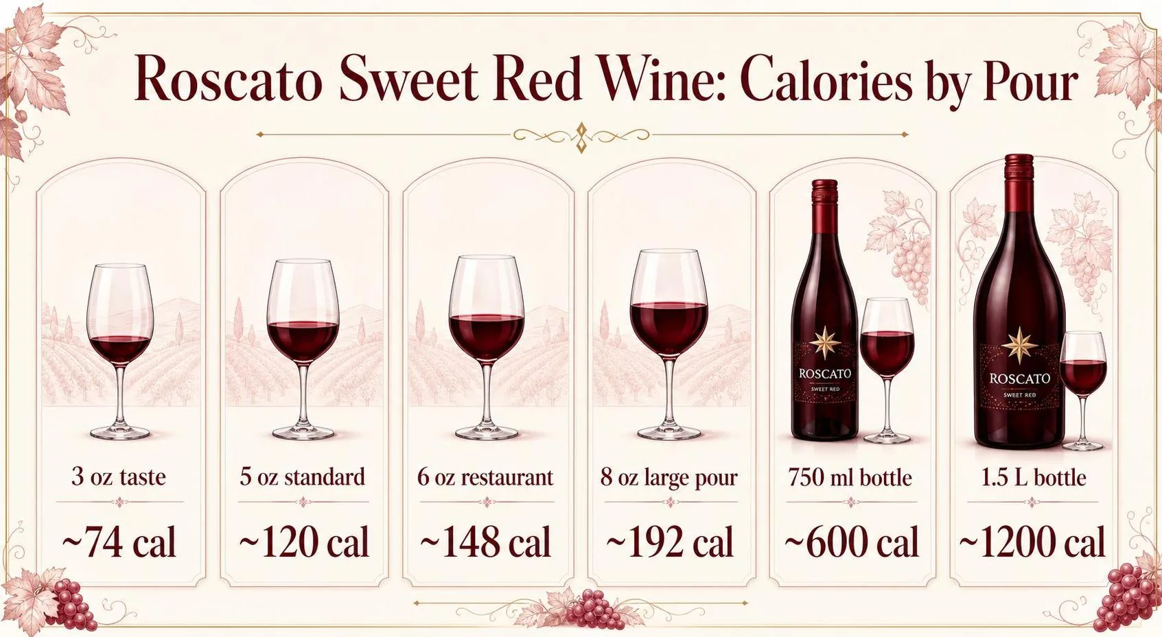 How Many Calories In Roscato Sweet Red Wine? 1 Roscato Sweet Red Wine: Calories by Pour — key facts at a glance