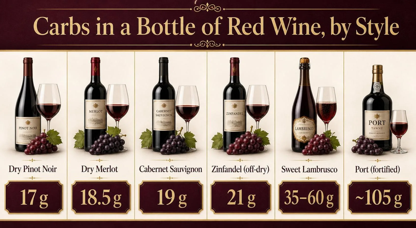 Carbs in a Bottle of Red Wine, by Style — key facts at a glance