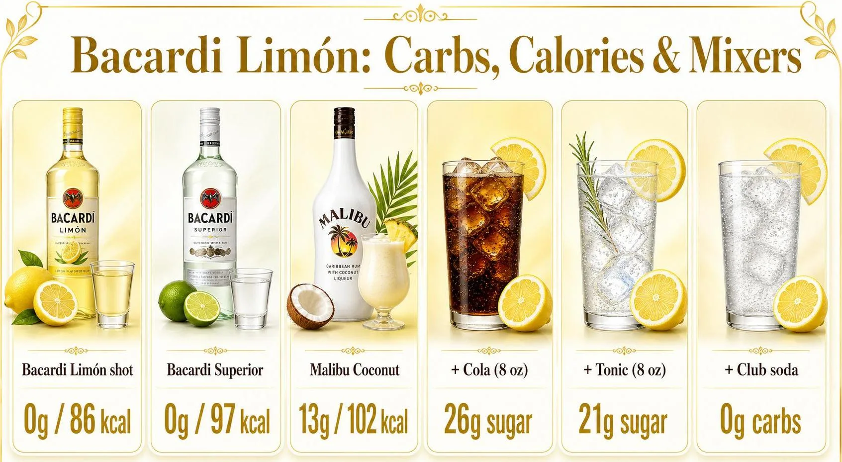 How Many Carbs In Bacardi Limon Rum? 1 Bacardi Limón: Carbs, Calories & Mixers — key facts at a glance