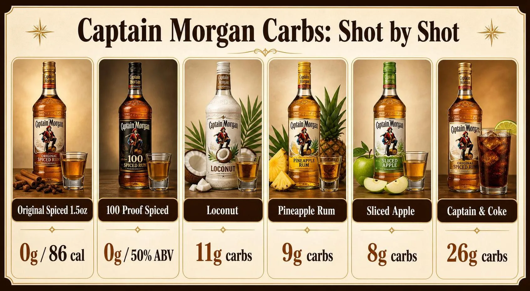 How Many Carbs In Captain Morgan Spiced Rum? 1 Captain Morgan Carbs: Shot by Shot — key facts at a glance