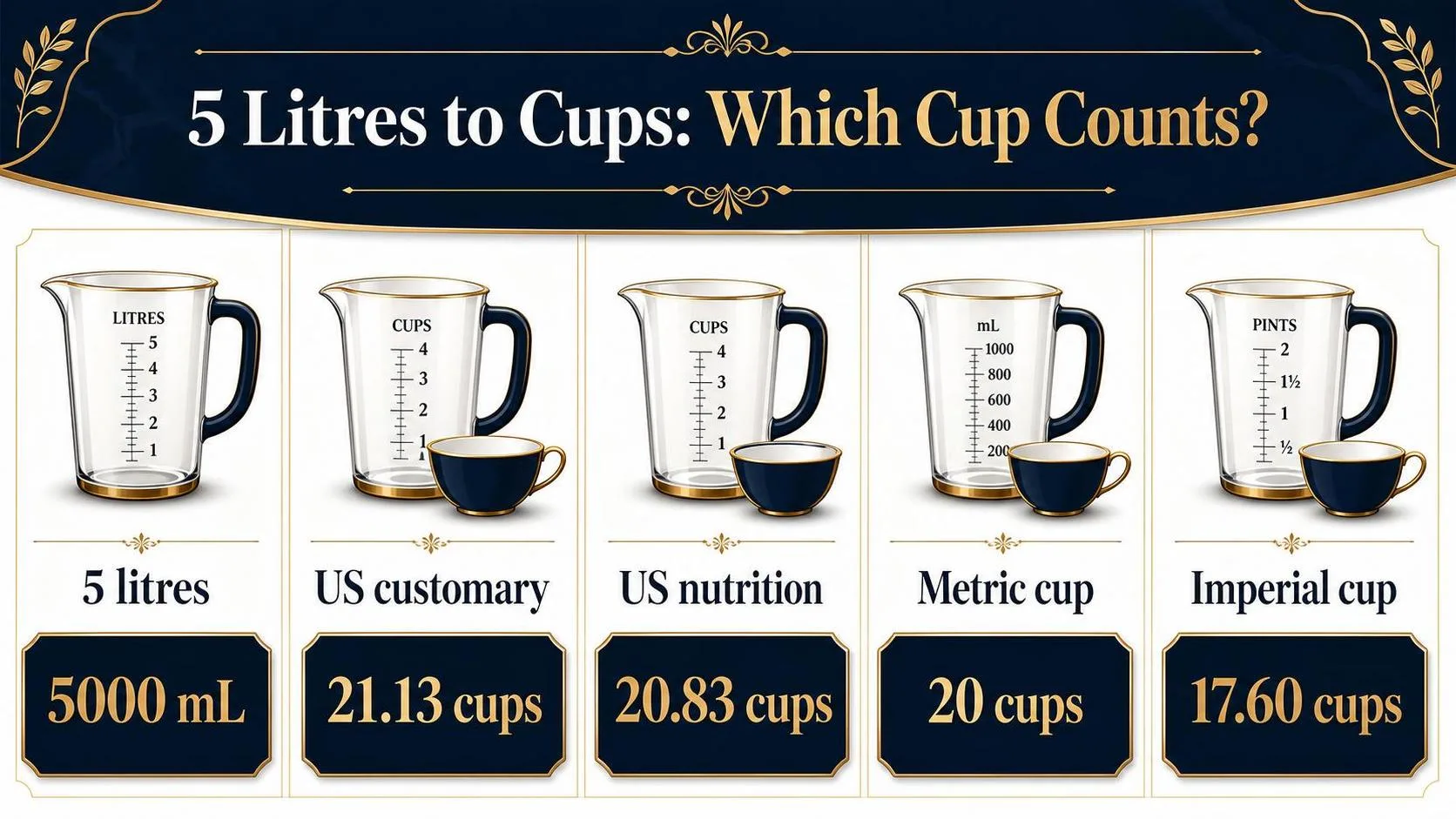 How Many Cups In 5 Litres? 1 5 Litres to Cups: Which Cup Counts? — key facts at a glance