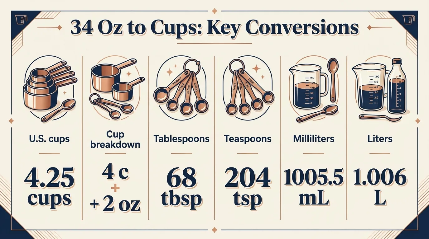 How Many Cups Is 34 Oz? Tool-Free Conversion 1 34 Oz to Cups: Key Conversions — key facts at a glance