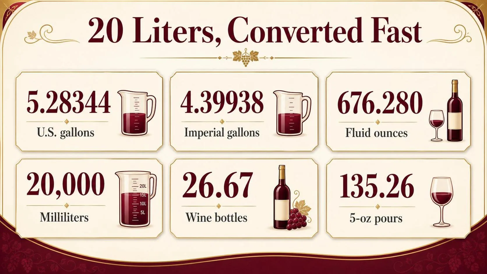 How Many Gallons Is 20 Liters? 1 20 Liters, Converted Fast — key facts at a glance