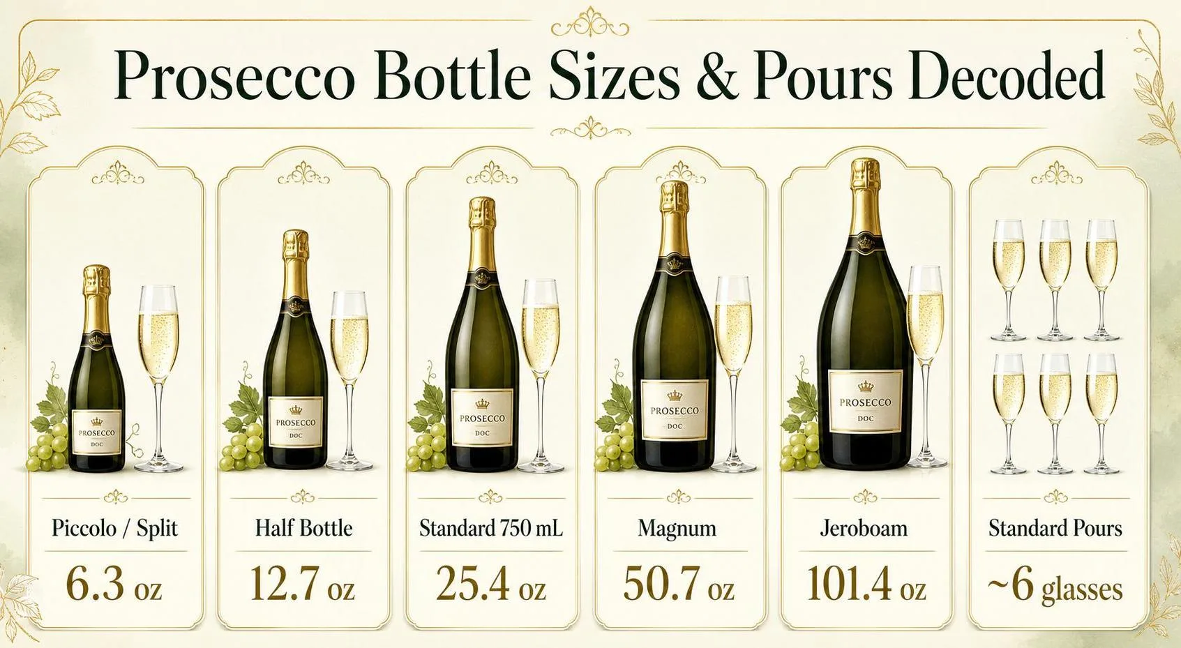 Prosecco Bottle Sizes & Pours Decoded — key facts at a glance