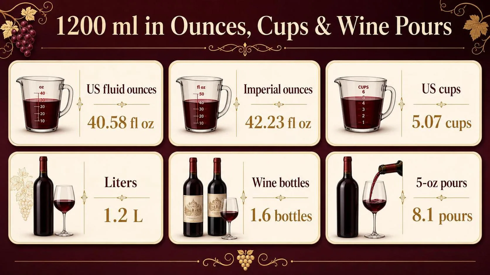 1200 ml in Ounces, Cups & Wine Pours — key facts at a glance