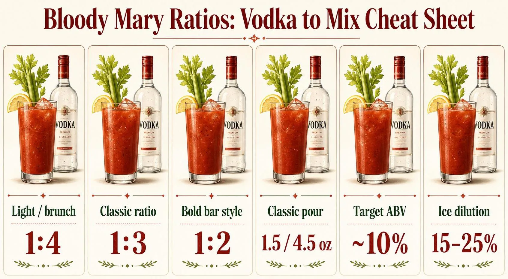 How Much Bloody Mary Mix To Vodka? 1 Bloody Mary Ratios: Vodka to Mix Cheat Sheet — key facts at a glance