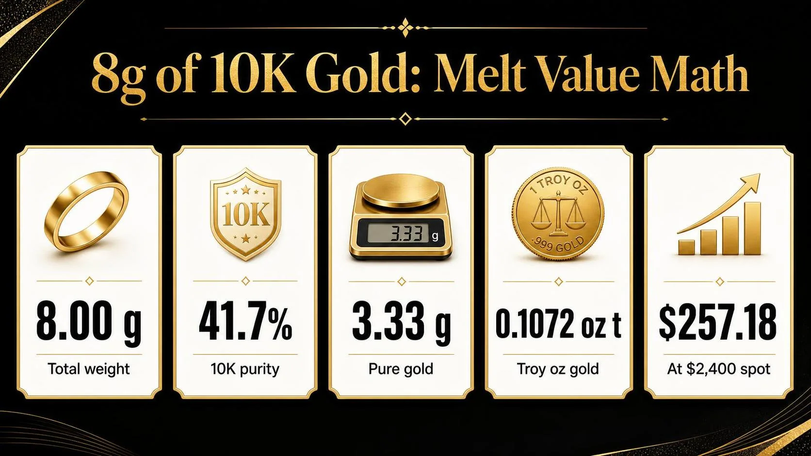 How Much Is 8 Grams Of 10K Gold Worth? 1 8g of 10K Gold: Melt Value Math — key facts at a glance