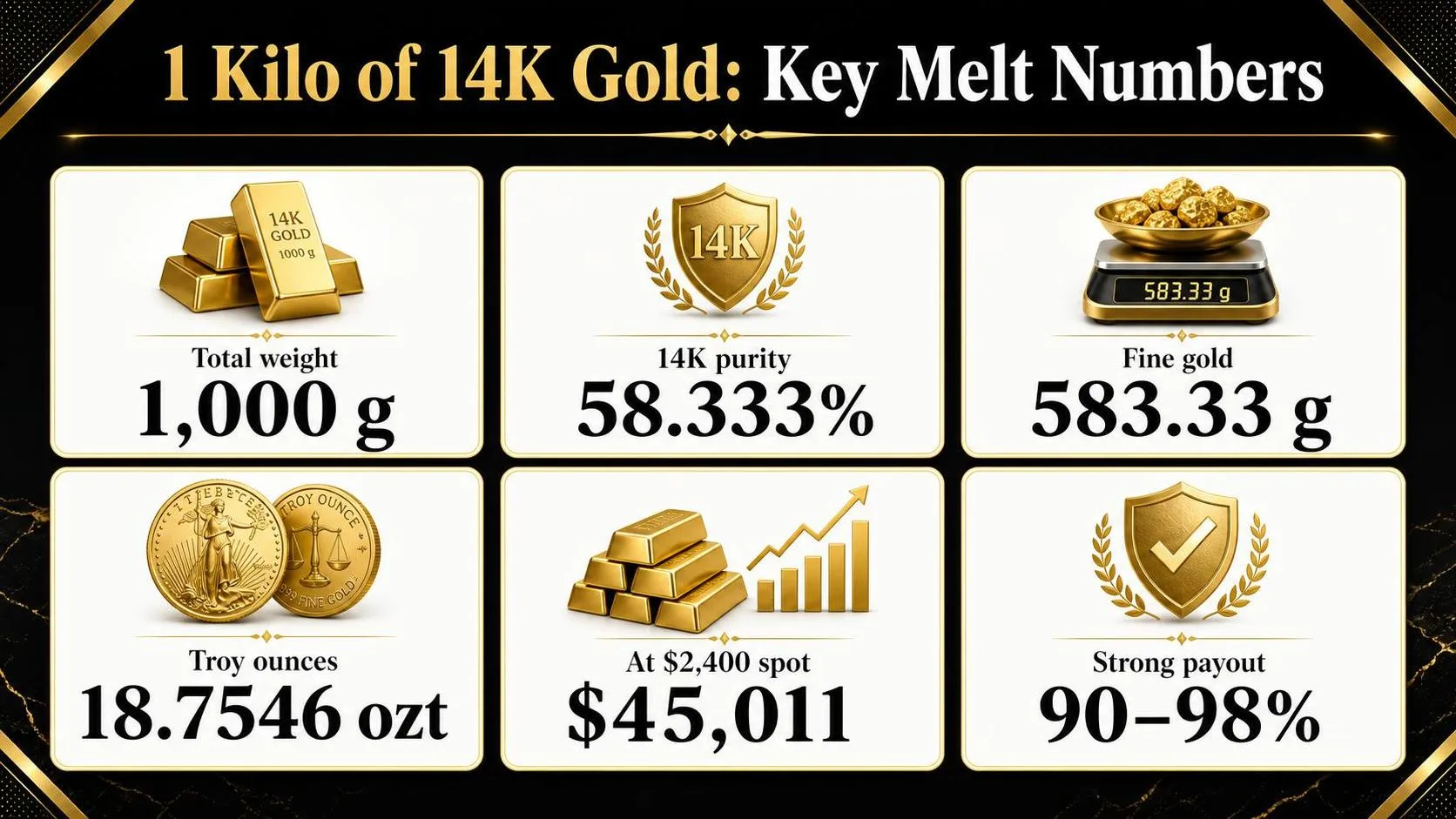 1 Kilo of 14K Gold: Key Melt Numbers — key facts at a glance
