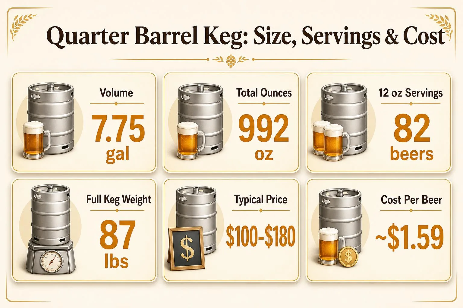 How Much Is A Quarter Barrel Of Beer? 1 Quarter Barrel Keg: Size, Servings & Cost — key facts at a glance