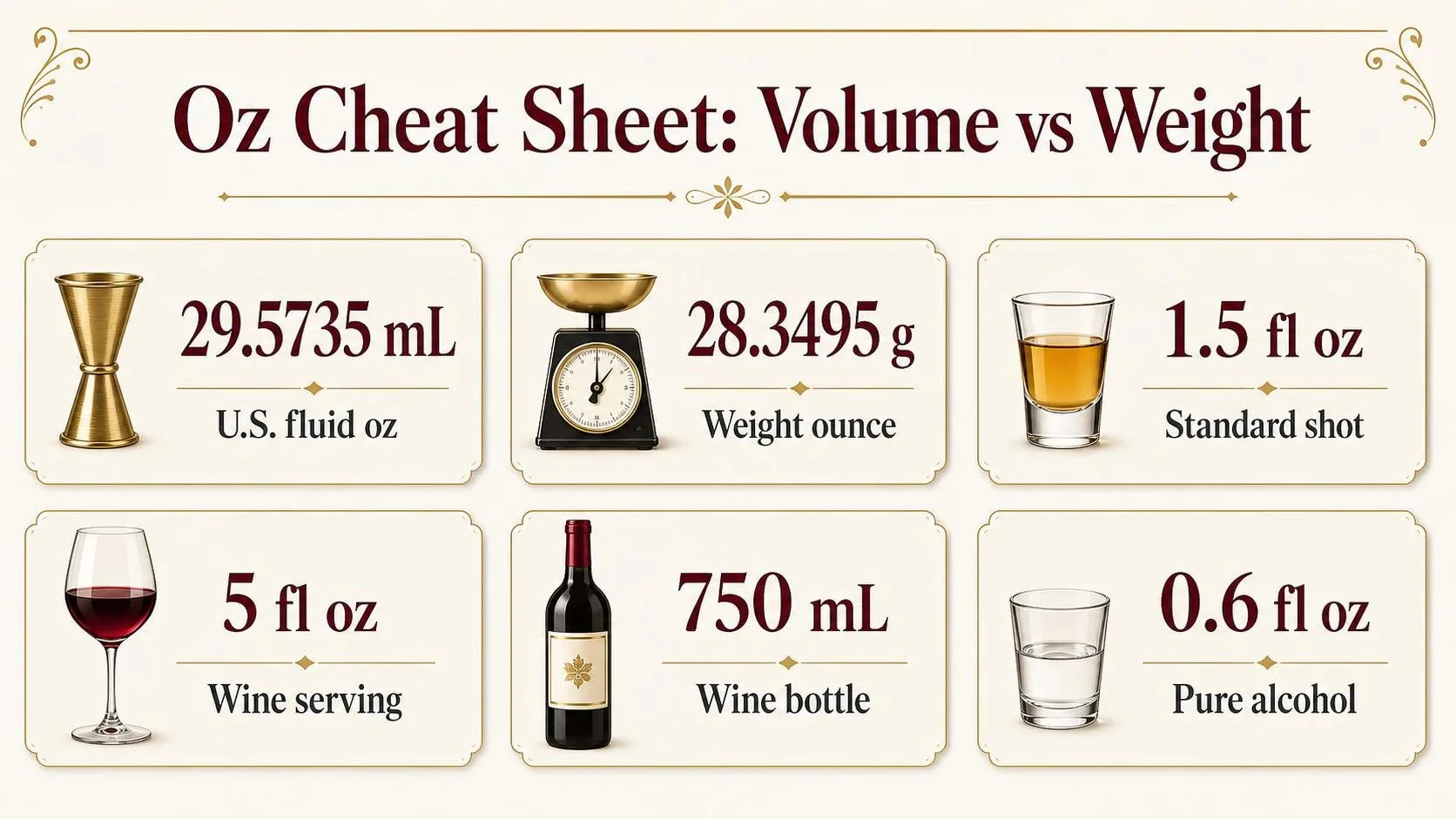 Oz Cheat Sheet: Volume vs Weight — key facts at a glance