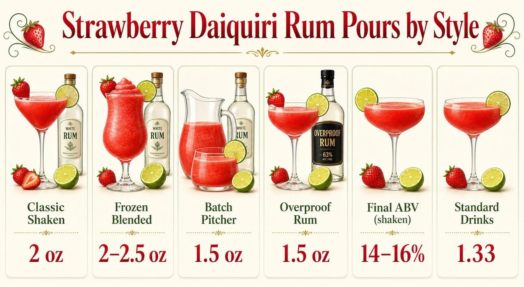 How Much Rum Do You Put In A Strawberry Daiquiri? 1 Strawberry Daiquiri Rum Pours by Style — key facts at a glance