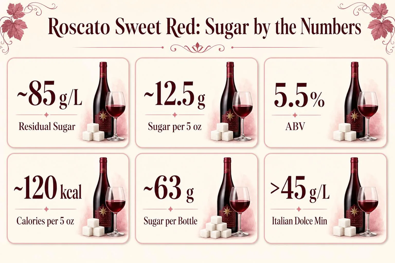 How Much Sugar Is In Roscato Sweet Red Wine? 1 Roscato Sweet Red: Sugar by the Numbers — key facts at a glance