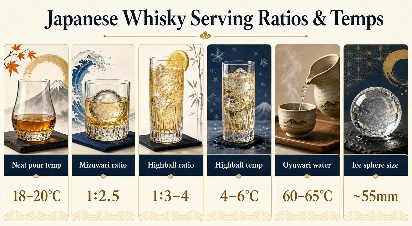 Japanese Whisky Serving Ratios & Temps — key facts at a glance