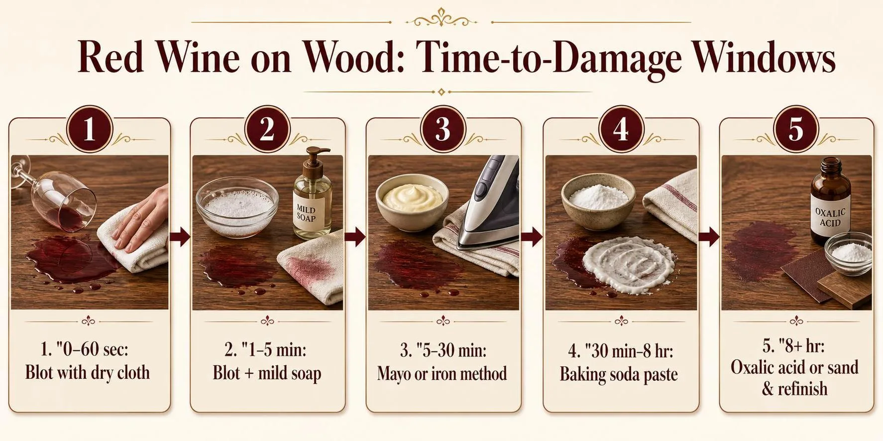 Red Wine on Wood: Time-to-Damage Windows — key facts at a glance