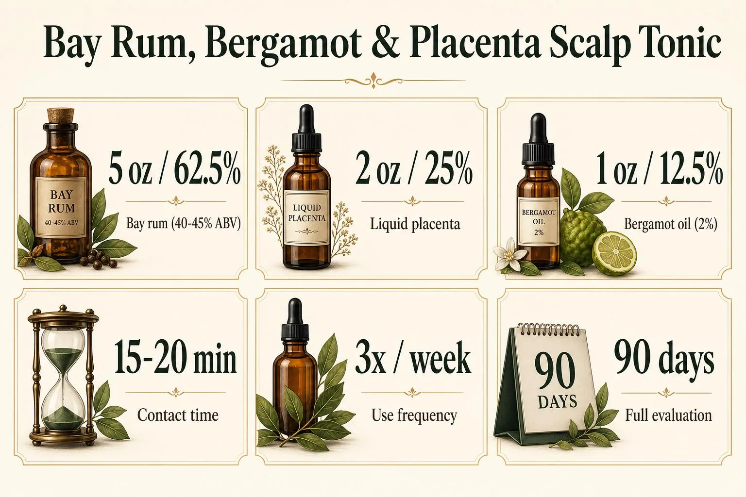 Bay Rum, Bergamot & Placenta Scalp Tonic — key facts at a glance