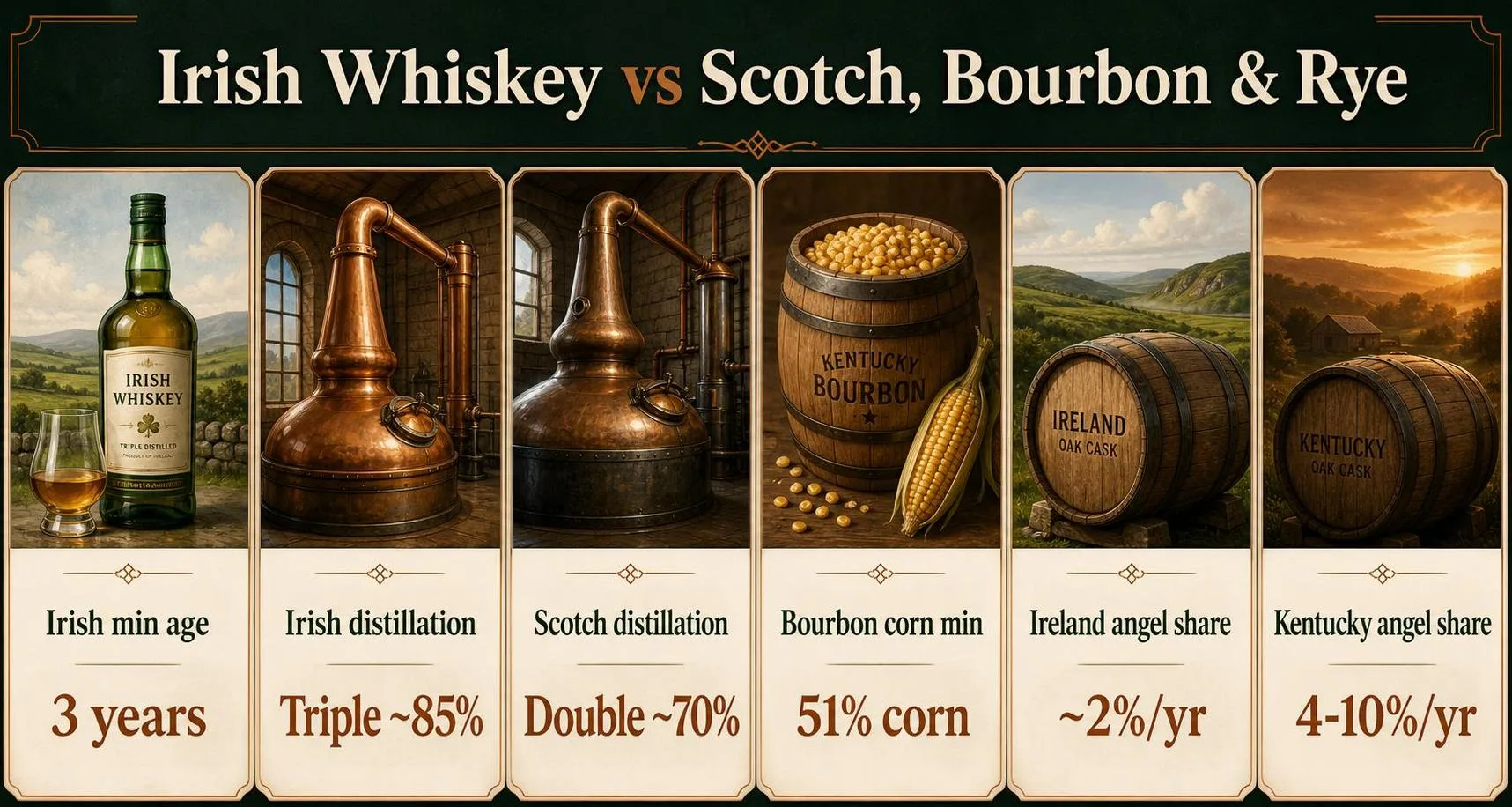 Irish Whiskey vs Scotch, Bourbon & Rye — key facts at a glance