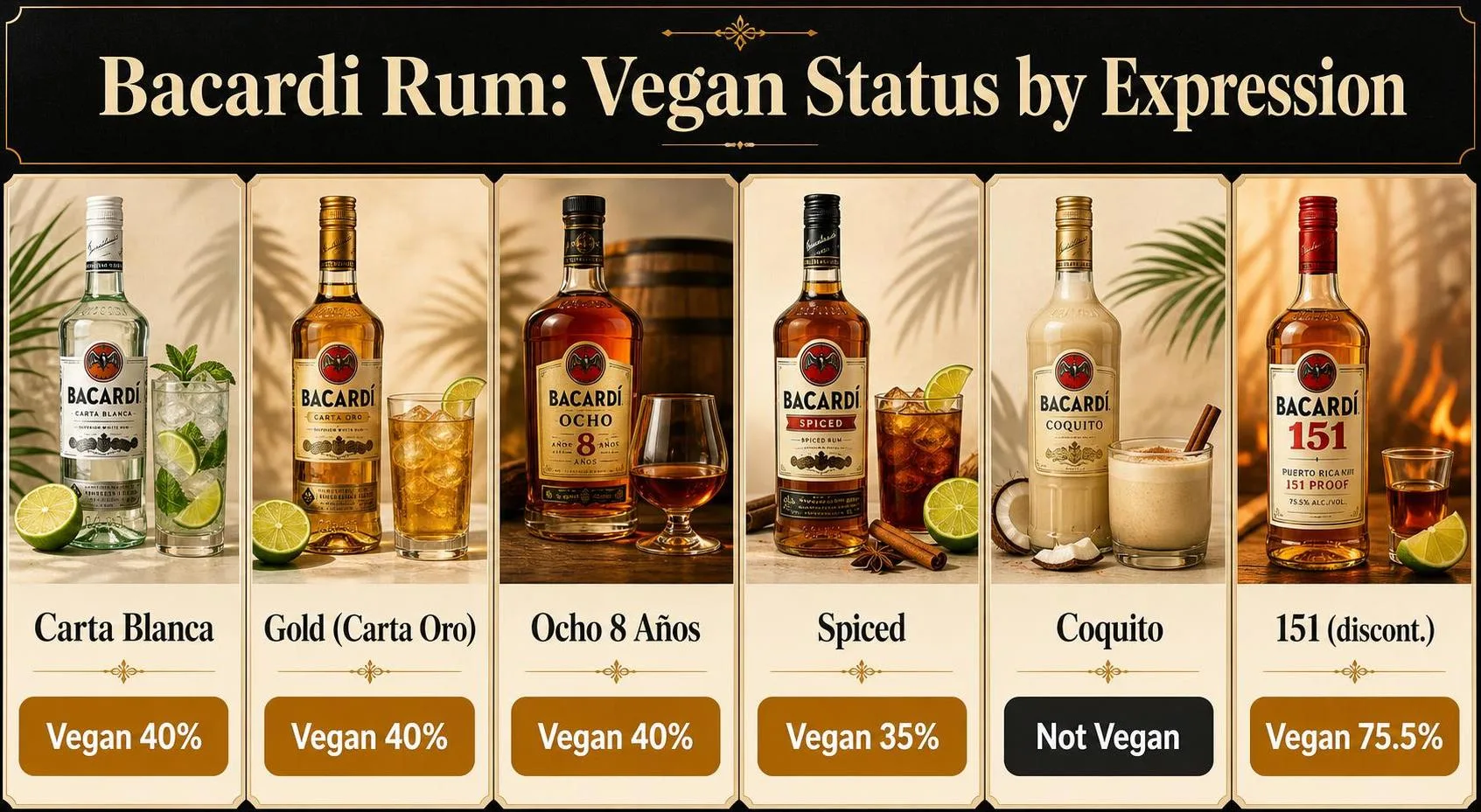Is Bacardi Rum Vegan? 1 Bacardi Rum: Vegan Status by Expression — key facts at a glance