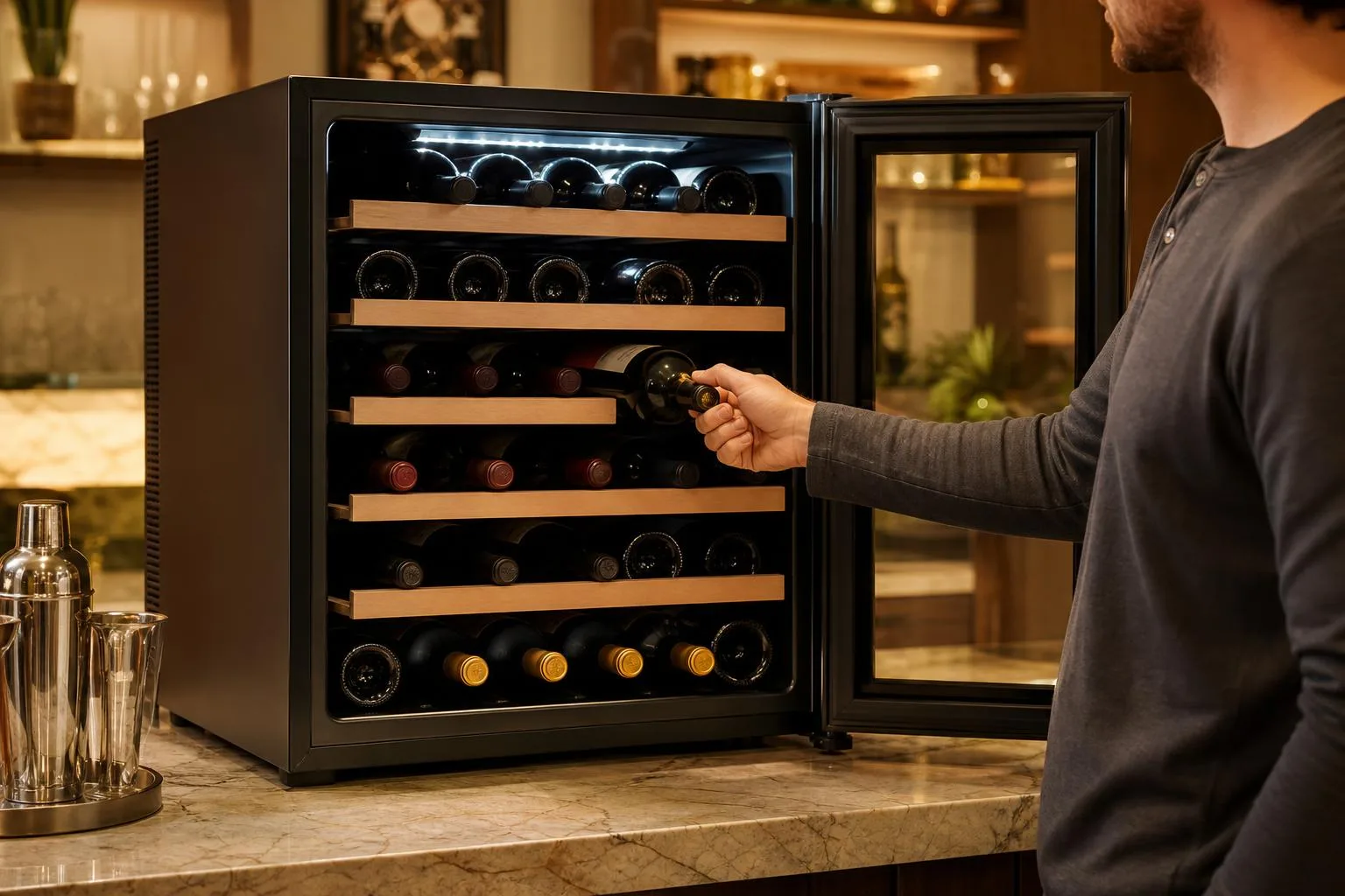 The Kalamera 46 Bottle shown in everyday use at home, as tested by FlightWineBar