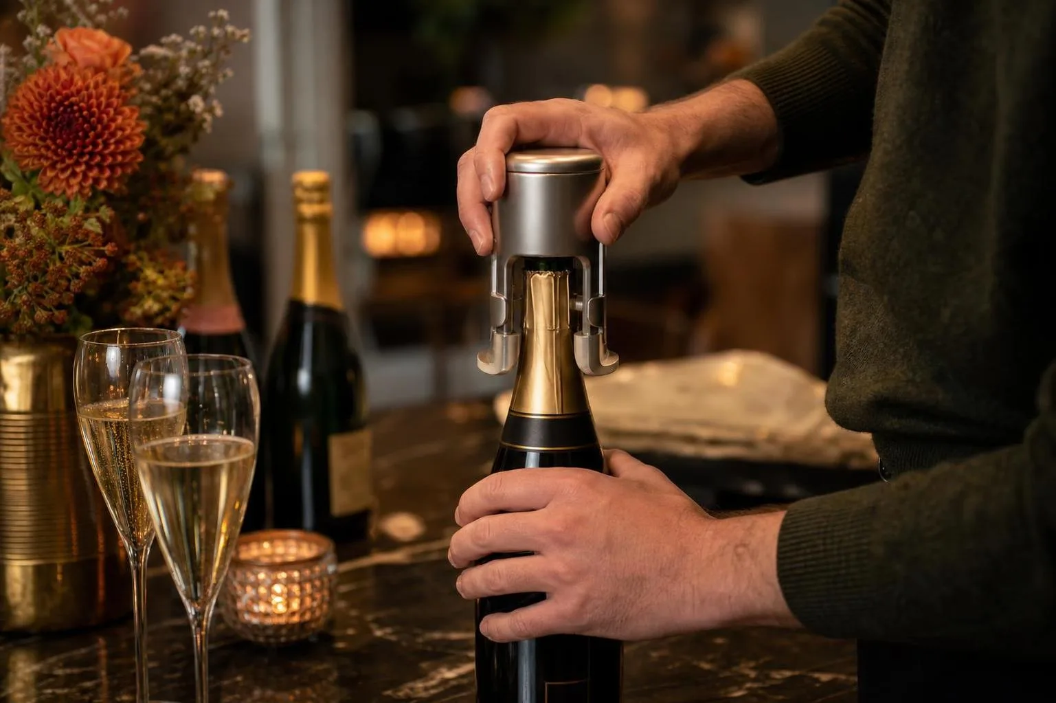 Le Creuset Champagne Crown Sealer Review 2026 3 The Le Creuset Champagne Crown Sealer shown in everyday use at home, as tested by FlightWineBar