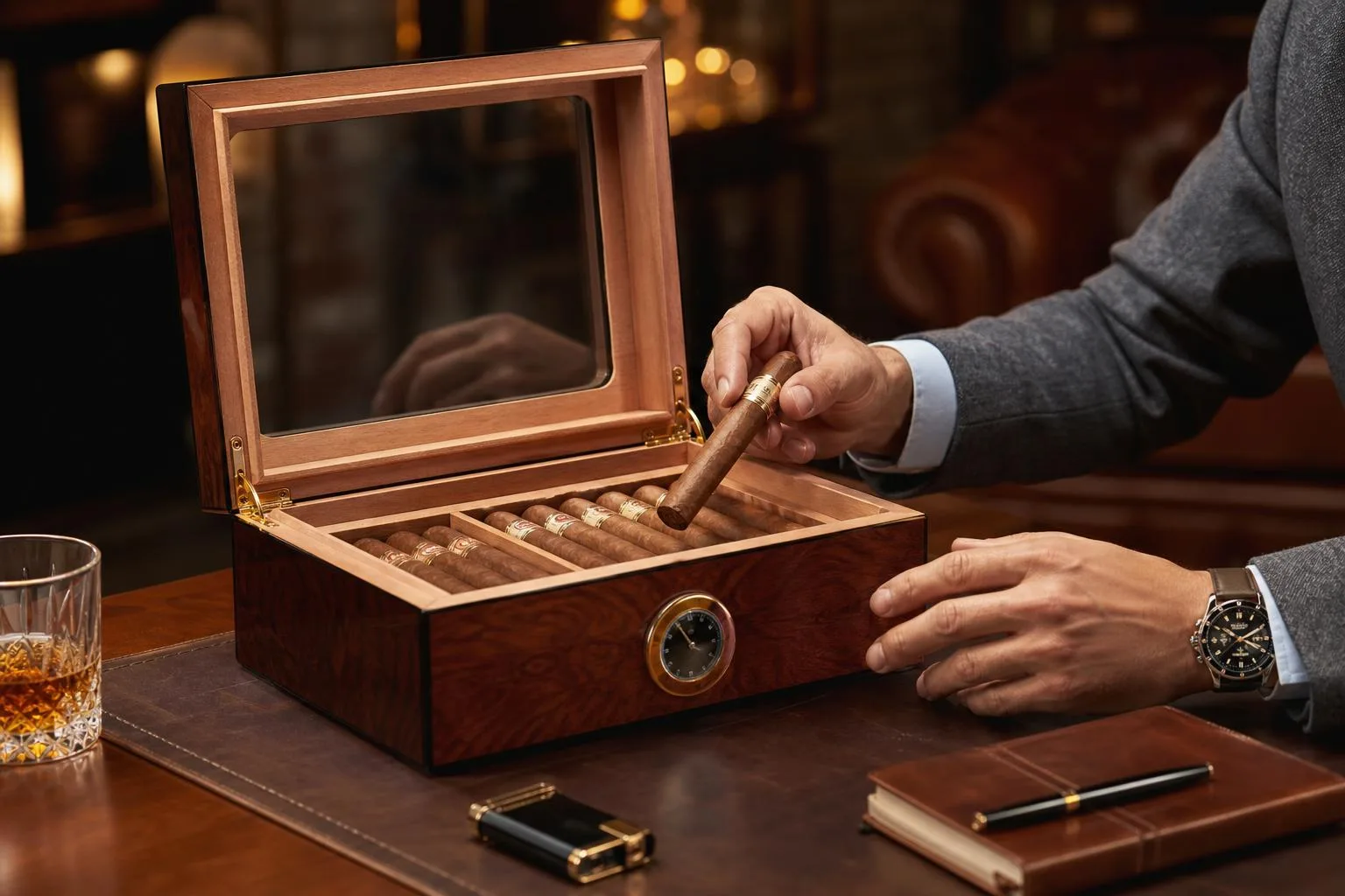 Mantello HUM-56 Cigar Humidor Review 2026 3 The Mantello HUM-56 shown in everyday use at home, as tested by FlightWineBar