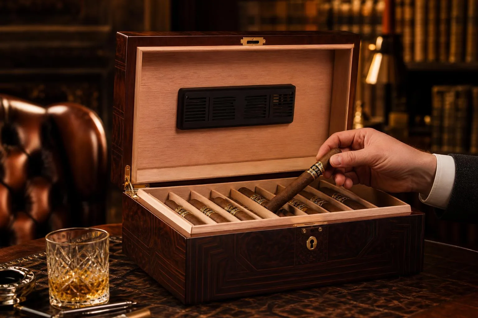Megacra Cigar Humidor Review 2026 3 The Megacra Cigar Humidor shown in everyday use at home, as tested by FlightWineBar