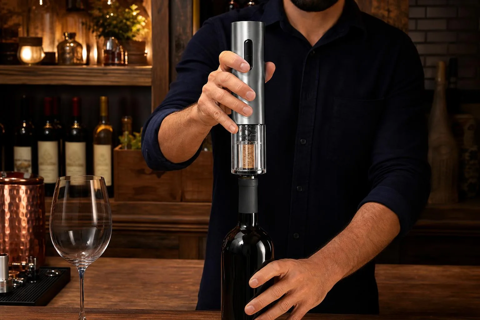 The Oster Cordless Electric Corkscrew with Foil Cutter shown in everyday use at home, as tested by FlightWineBar