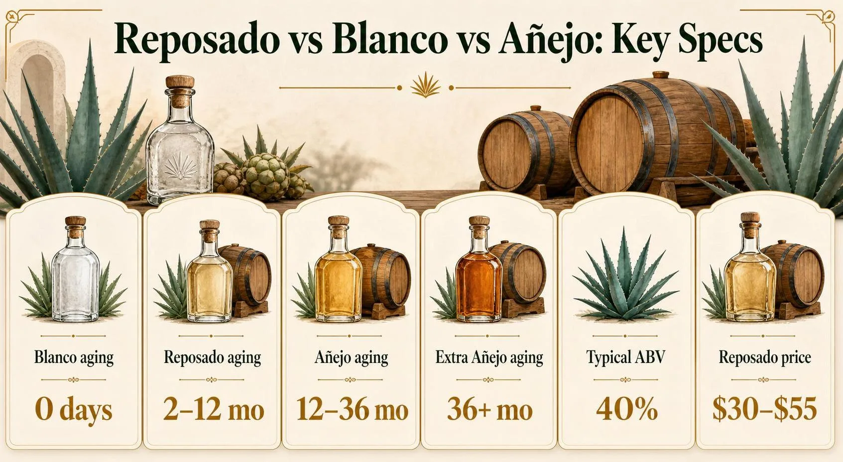 Reposado vs Blanco vs Añejo: Key Specs — key facts at a glance