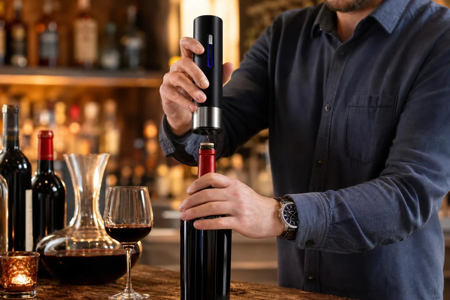 Secura Electric Wine Bottle Corkscrew Review 2026 3 The Secura Electric Wine Bottle Corkscrew shown in everyday use at home, as tested by FlightWineBar