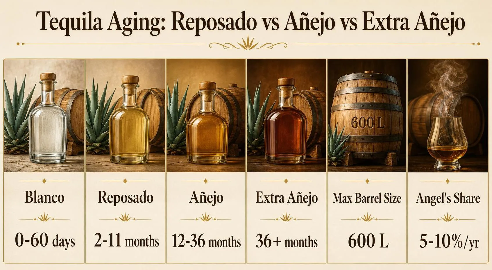 Tequila Aging: Reposado vs Añejo vs Extra Añejo — key facts at a glance