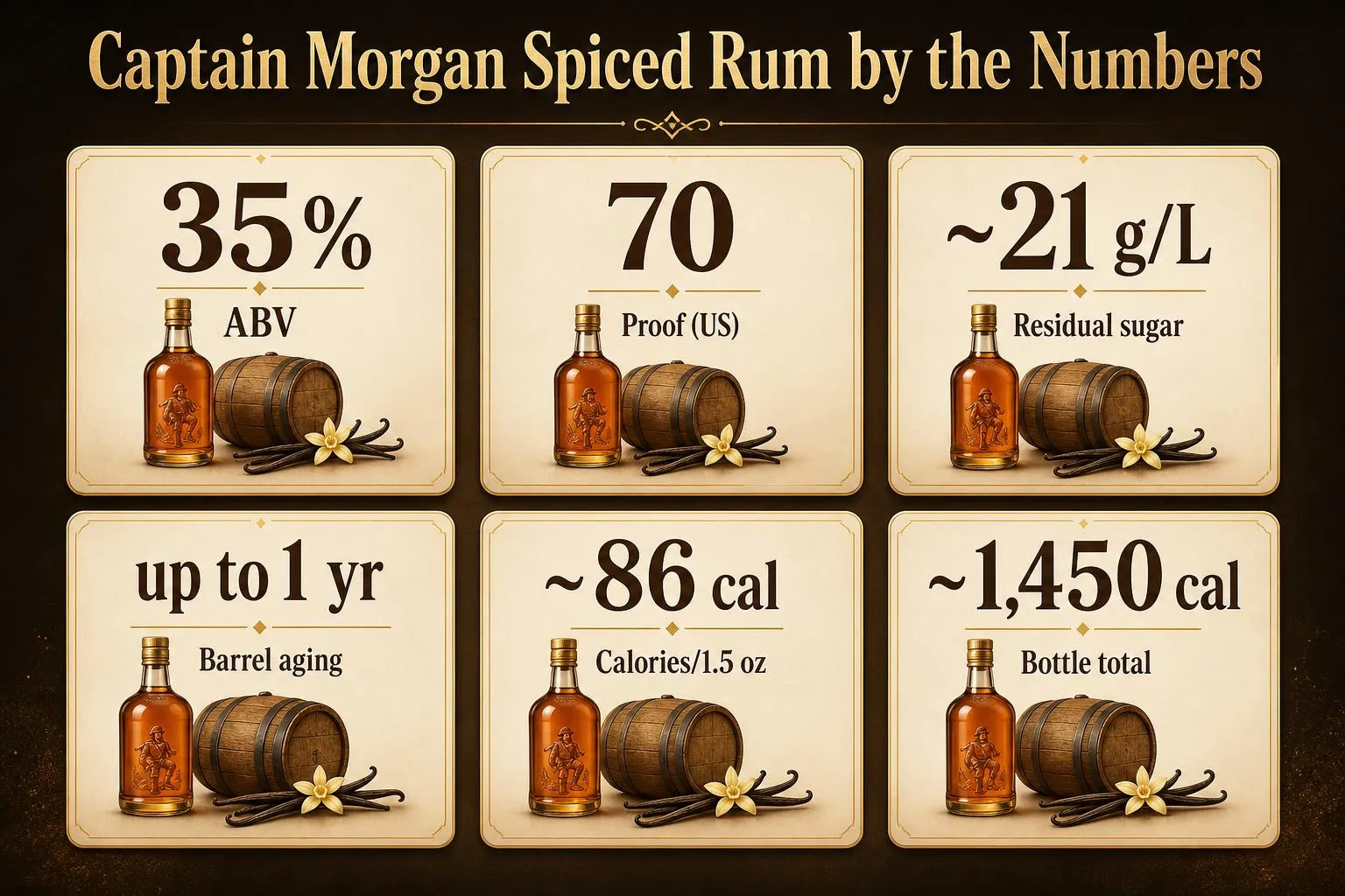 What Are The Ingredients In Captain Morgan Spiced Rum? 1 Captain Morgan Spiced Rum by the Numbers — key facts at a glance