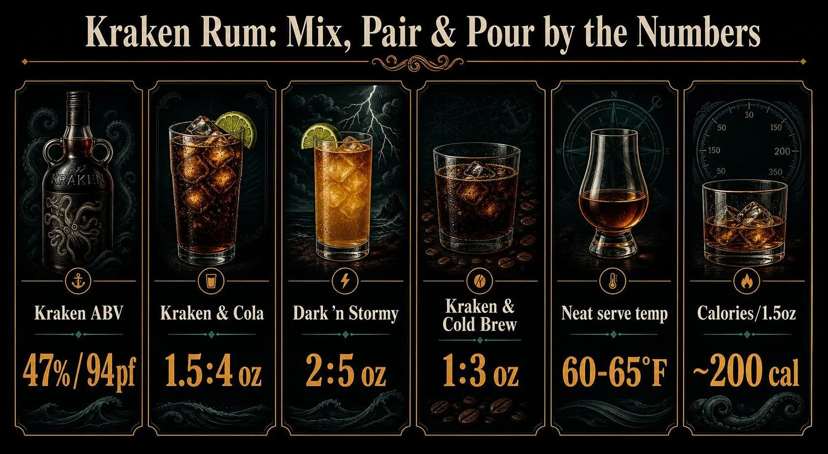 What Goes Good With Kraken Black Spiced Rum? 1 Kraken Rum: Mix, Pair & Pour by the Numbers — key facts at a glance