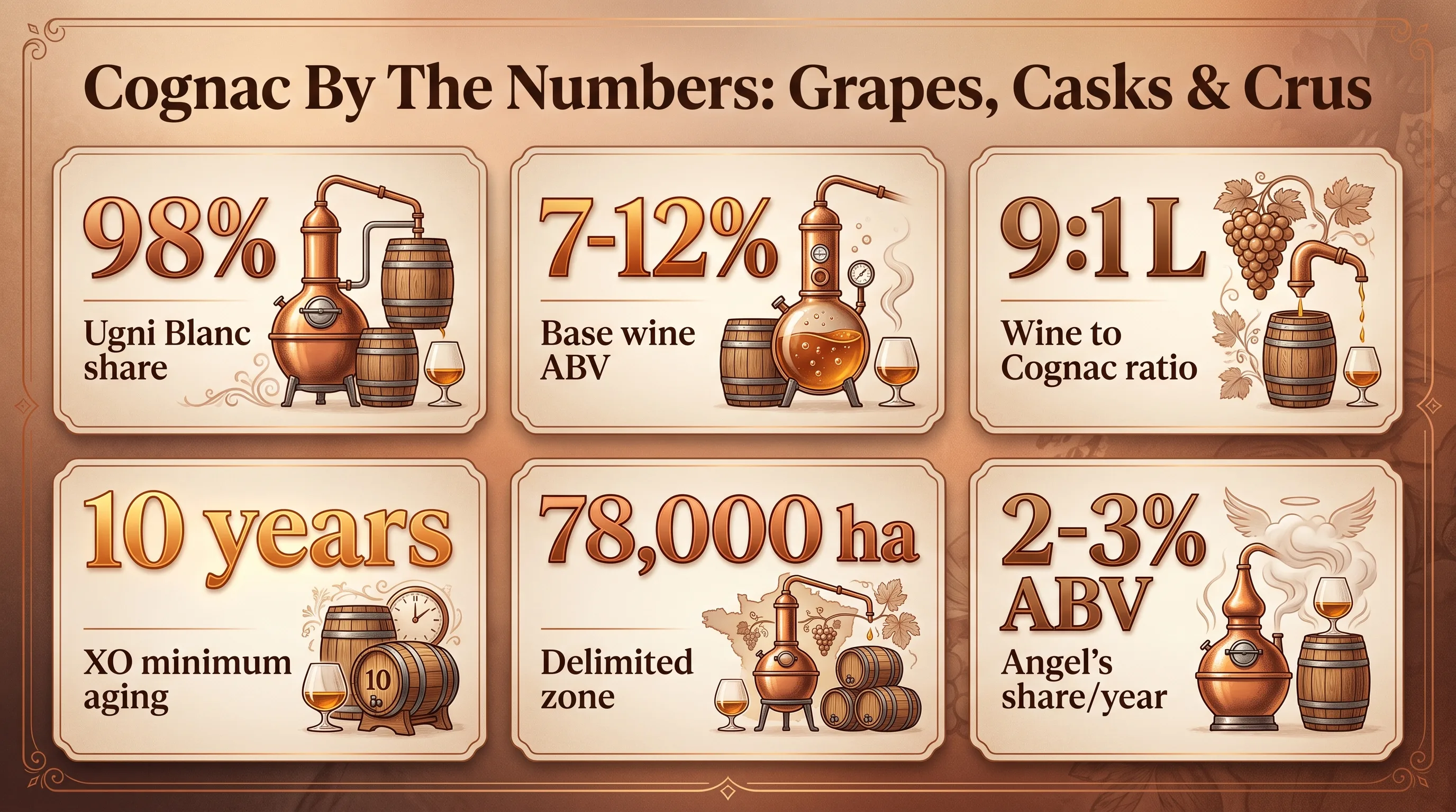 What Is Cognac Made From? 1 Cognac By The Numbers: Grapes, Casks & Crus — key facts at a glance