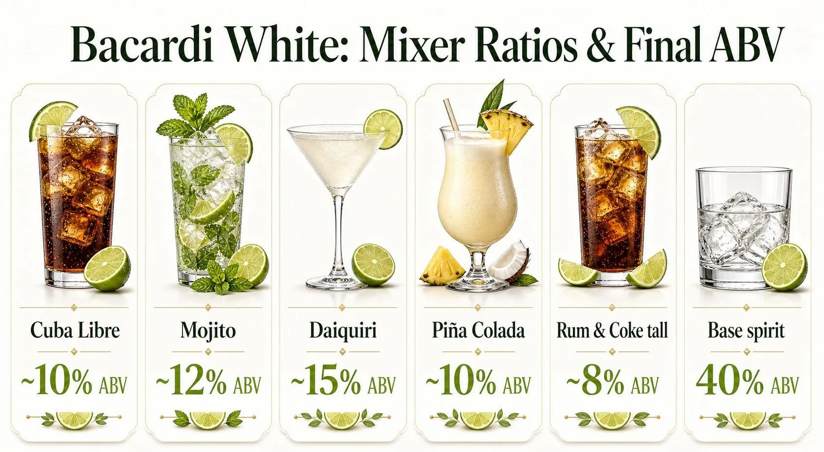 What Is Good To Mix With Bacardi White Rum? 1 Bacardi White: Mixer Ratios & Final ABV — key facts at a glance