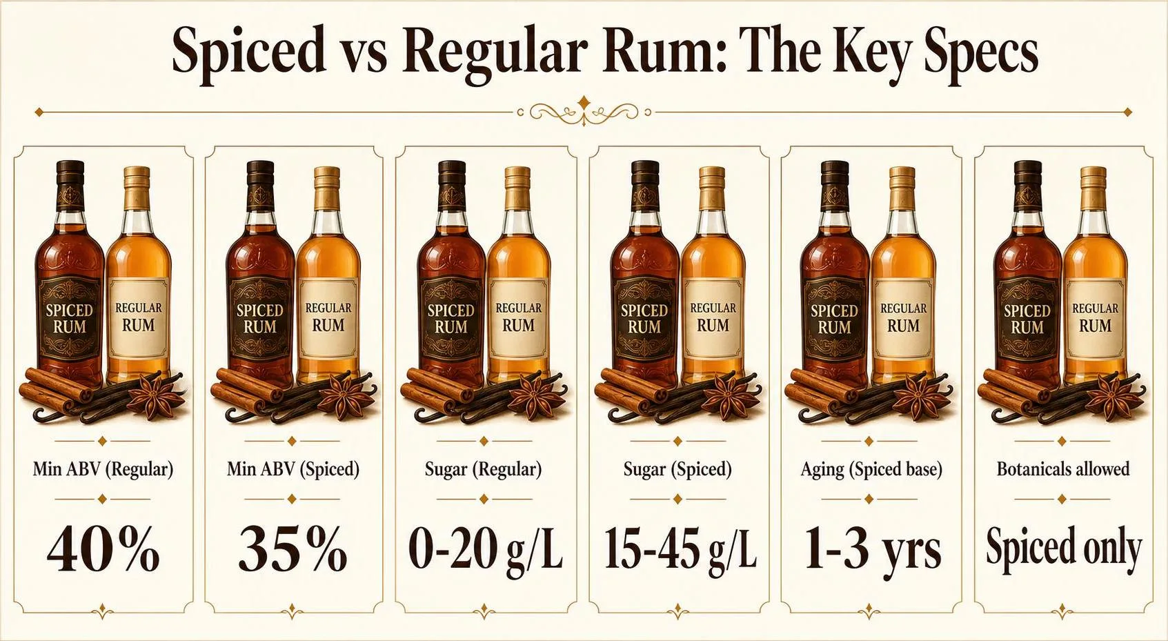 What Is The Difference Between Spiced Rum And Regular Rum? 1 Spiced vs Regular Rum: The Key Specs — key facts at a glance