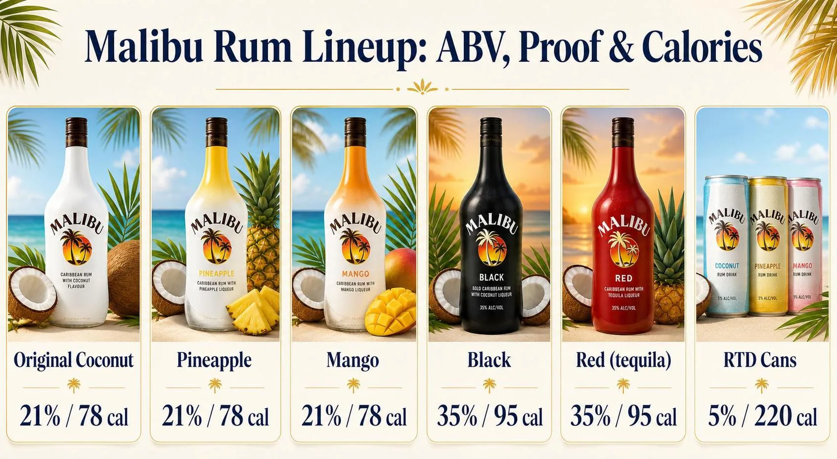 Malibu Rum Lineup: ABV, Proof & Calories — key facts at a glance
