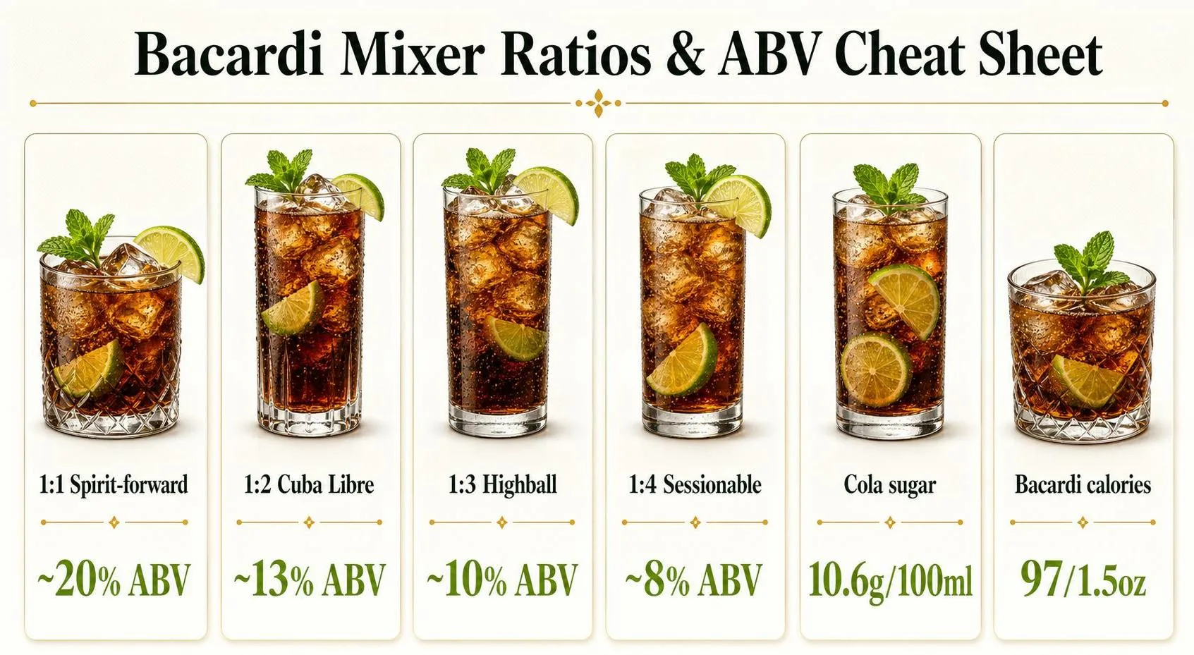 What Mixes Well With Bacardi Rum? 1 Bacardi Mixer Ratios & ABV Cheat Sheet — key facts at a glance