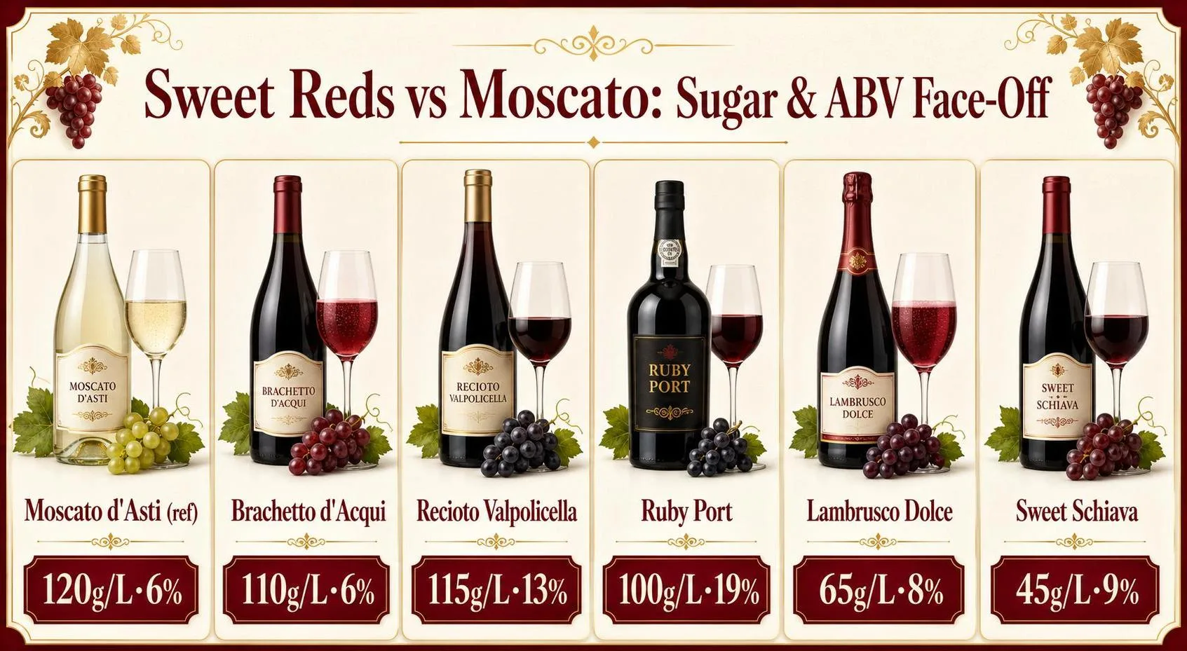 Sweet Reds vs Moscato: Sugar & ABV Face-Off — key facts at a glance